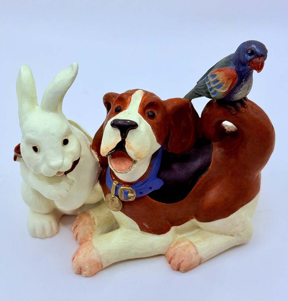 Vintage Card Holder Dog Pets And Bunny And Bird Ceramic Adorable